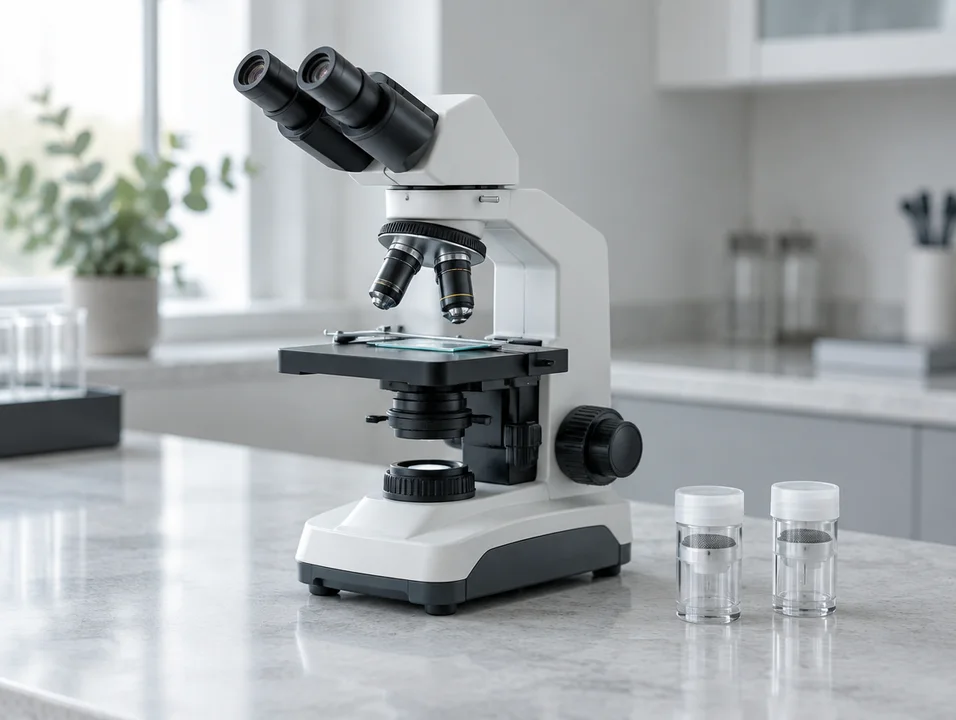 Illustrative laboratory scene with a microscope and sample collection equipment for mold analysis.